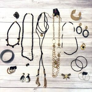 Black and Gold Tone Jewelry Lot of 17 Necklaces Earrings Bracelets Brooch Ring